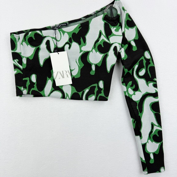 ZARA One Shoulder Long Sleeve Green Black Size MEDIUM Womens‎ NEW - Picture 1 of 7